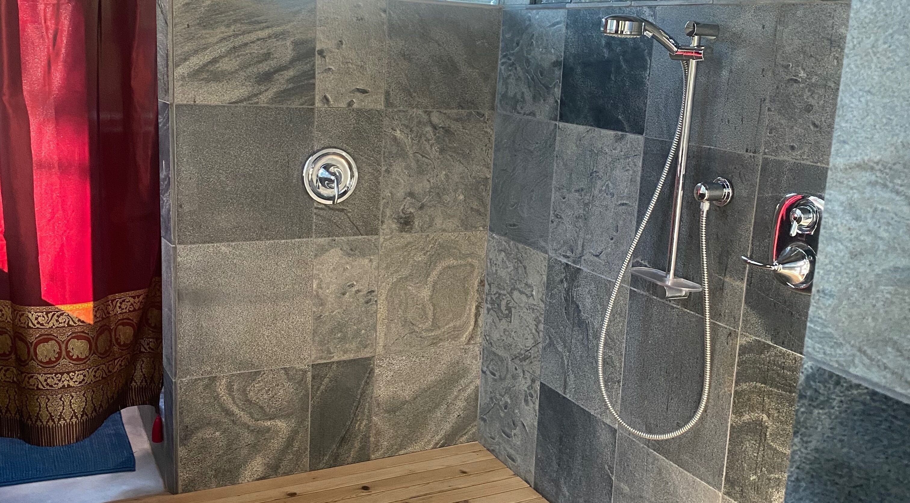 Elegant shower area at Freedom Spa Mobile - Bali Casa, Halfmoon Bay, British Columbia, CA.