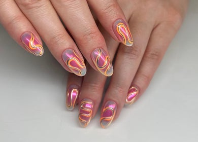 Colorful swirl nail art design at Cindy's Nails, Denver, Colorado, US.