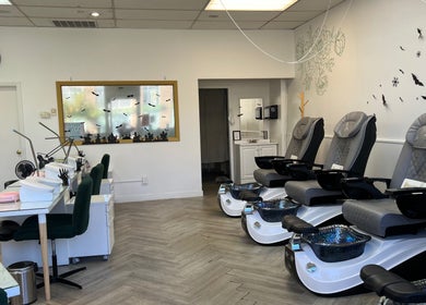 Luxurious pedicure chairs and nail stations at Cindy's Nails, Denver, Colorado, US.