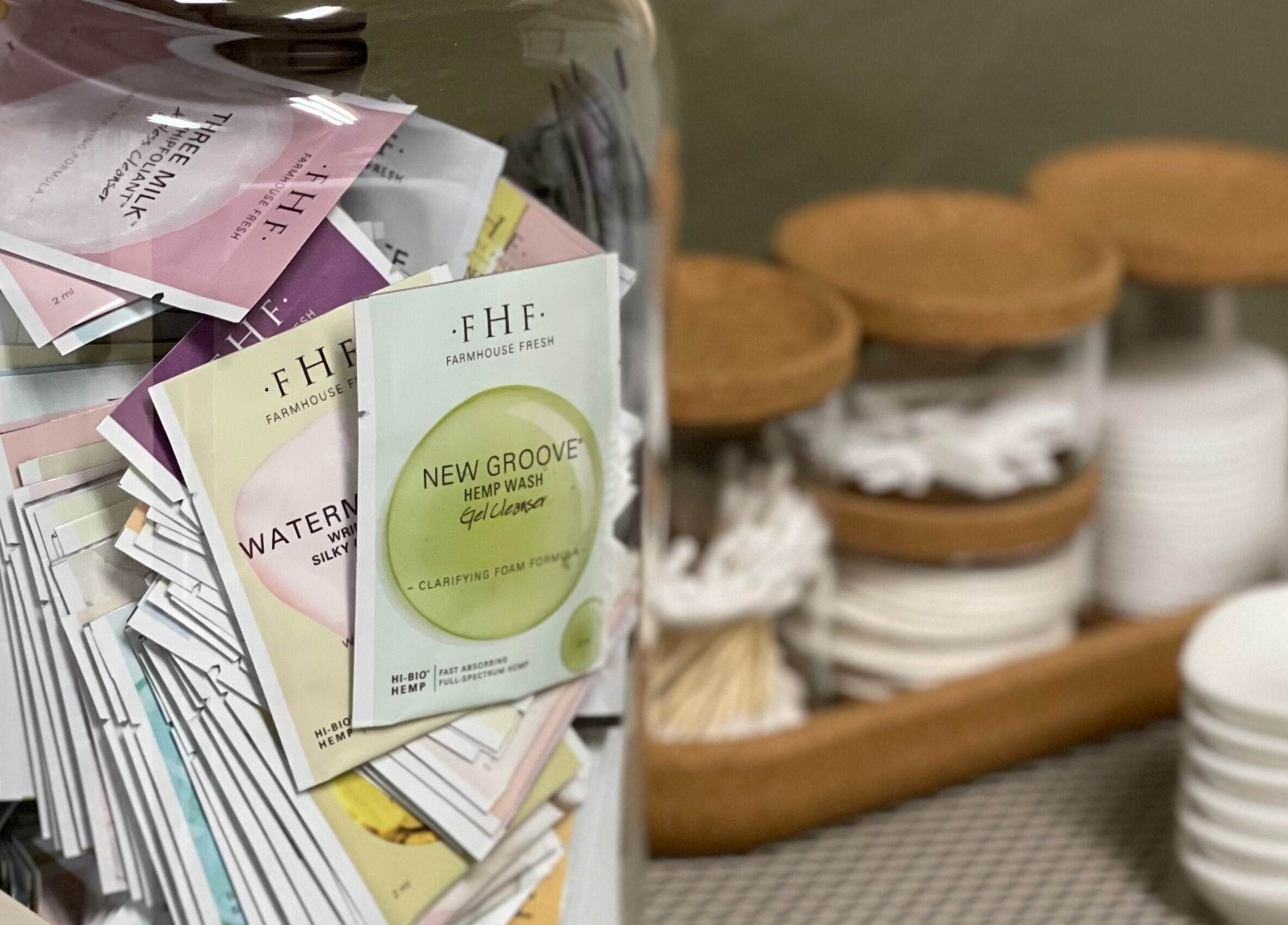 Skincare packets at The June Massage and Skin Studio, Monroe, Washington, US.