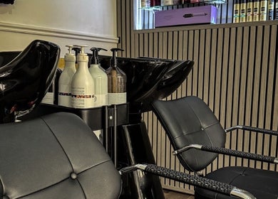 Modern salon chairs and hair wash area at Royal Gold Studios, Mullingar, County Westmeath, IE.