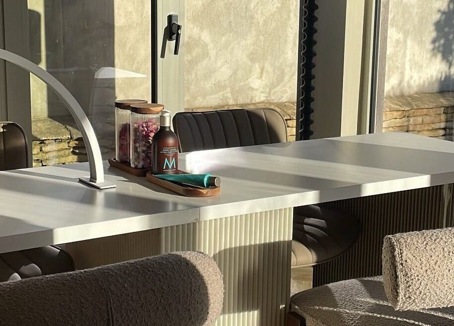 Modern nail salon table at Moonlight Nails By Meg At Elkstone, England, GB, bathed in natural sunlight.