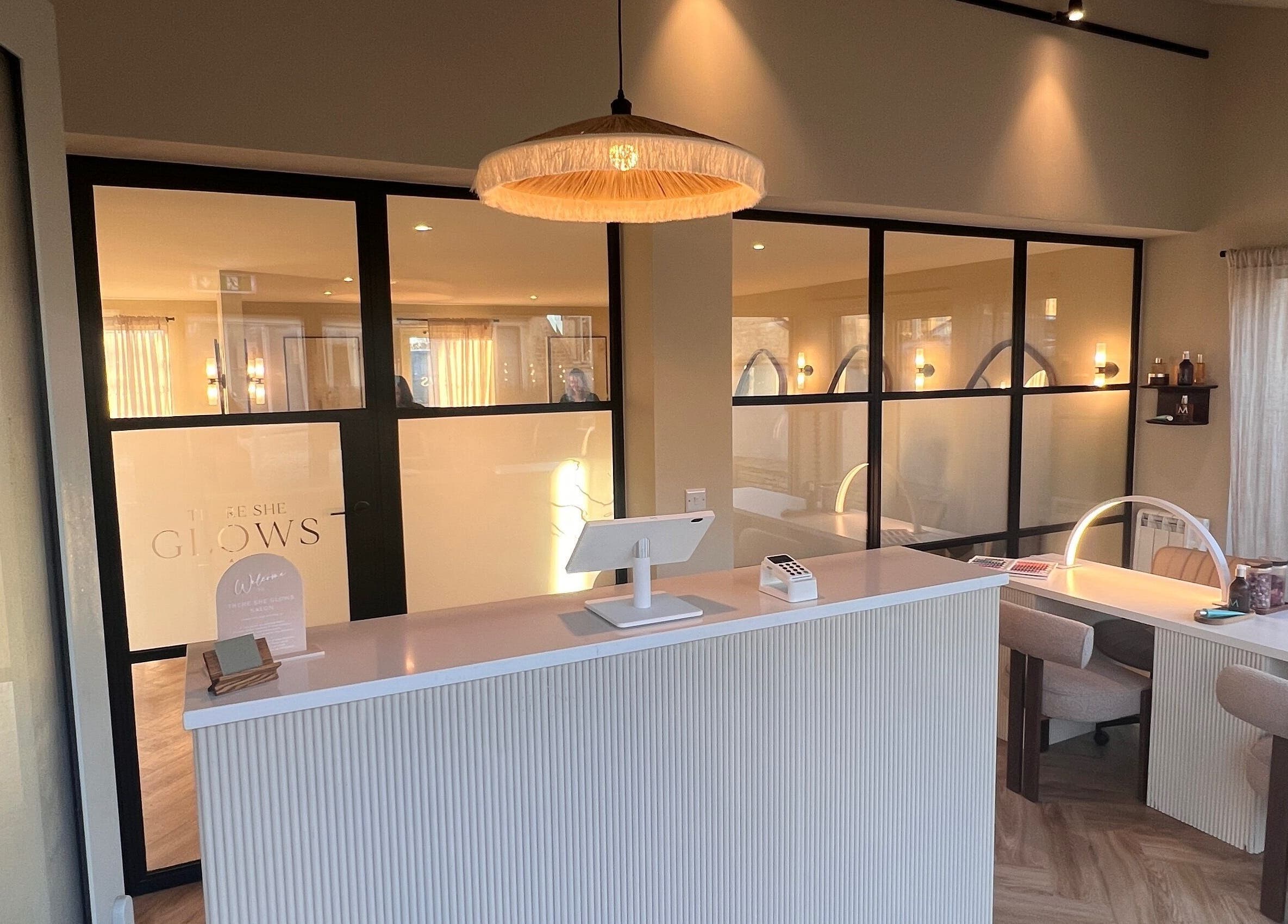 Reception area of Moonlight Nails By Meg At Elkstone, showcasing modern decor in Elkstone, England, GB.