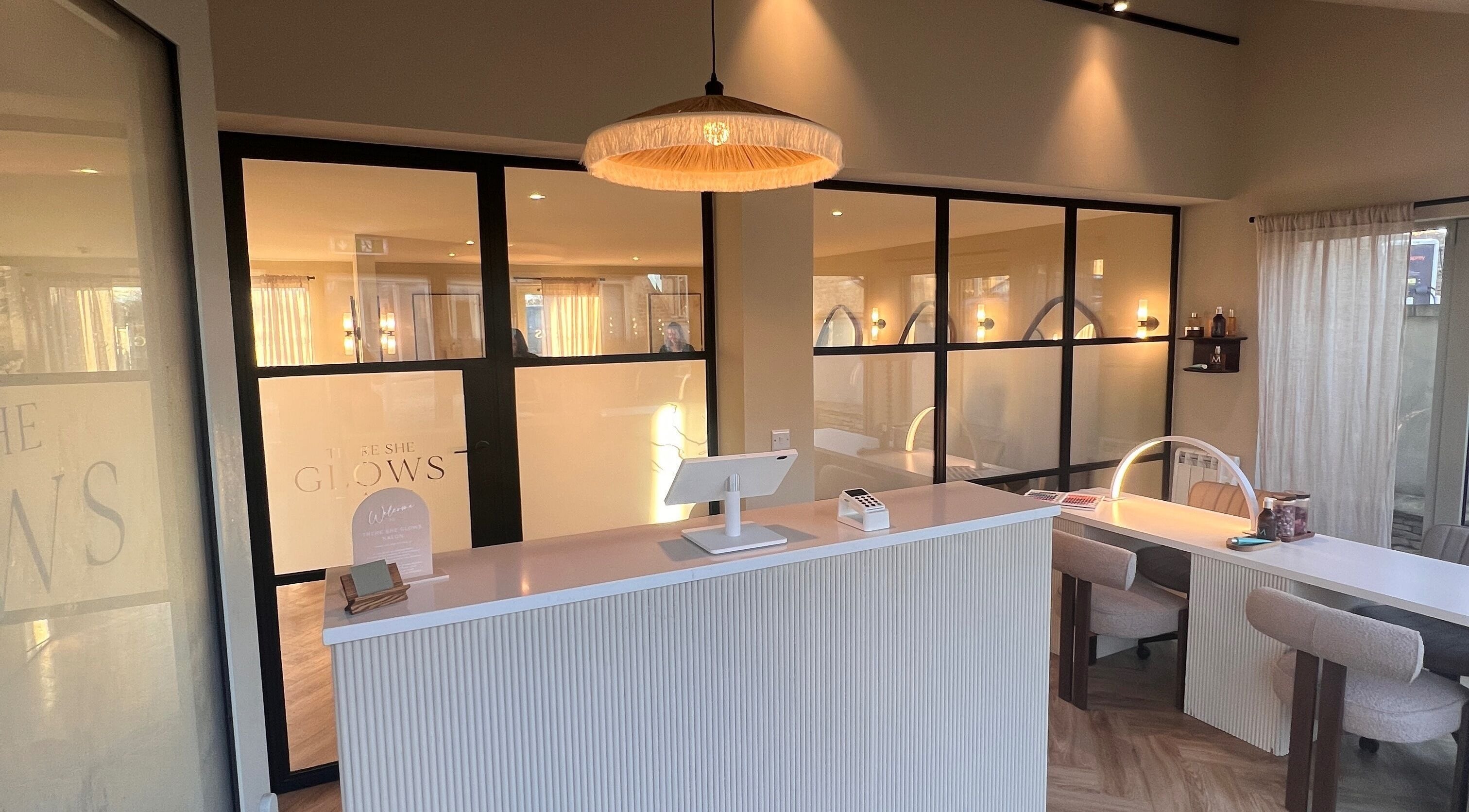Reception area of Moonlight Nails By Meg At Elkstone, showcasing modern decor in Elkstone, England, GB.