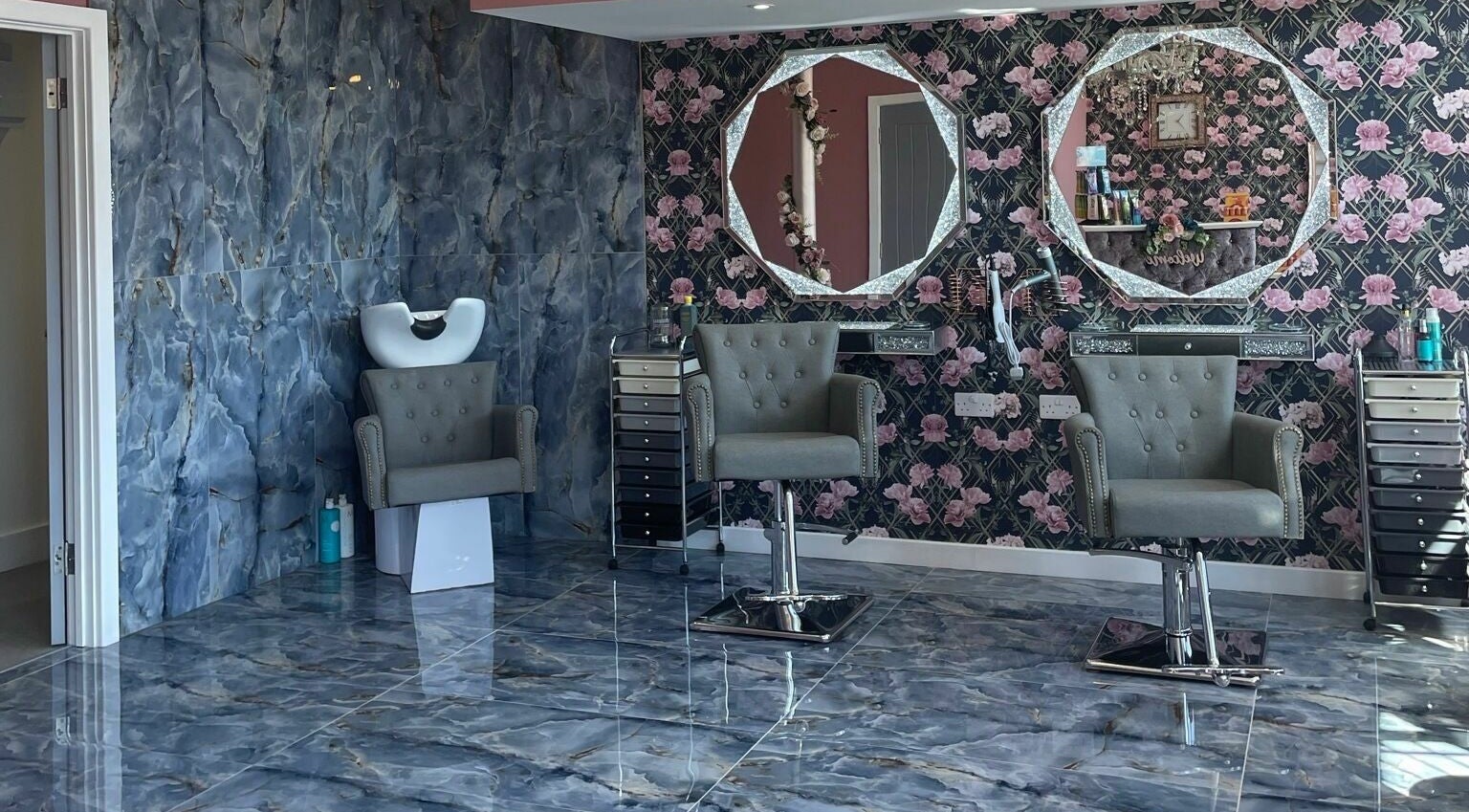 Chic interior of Princess Glam and Locks, Roche Cornwall, at St Austell, England, GB with styling chairs and mirrors.