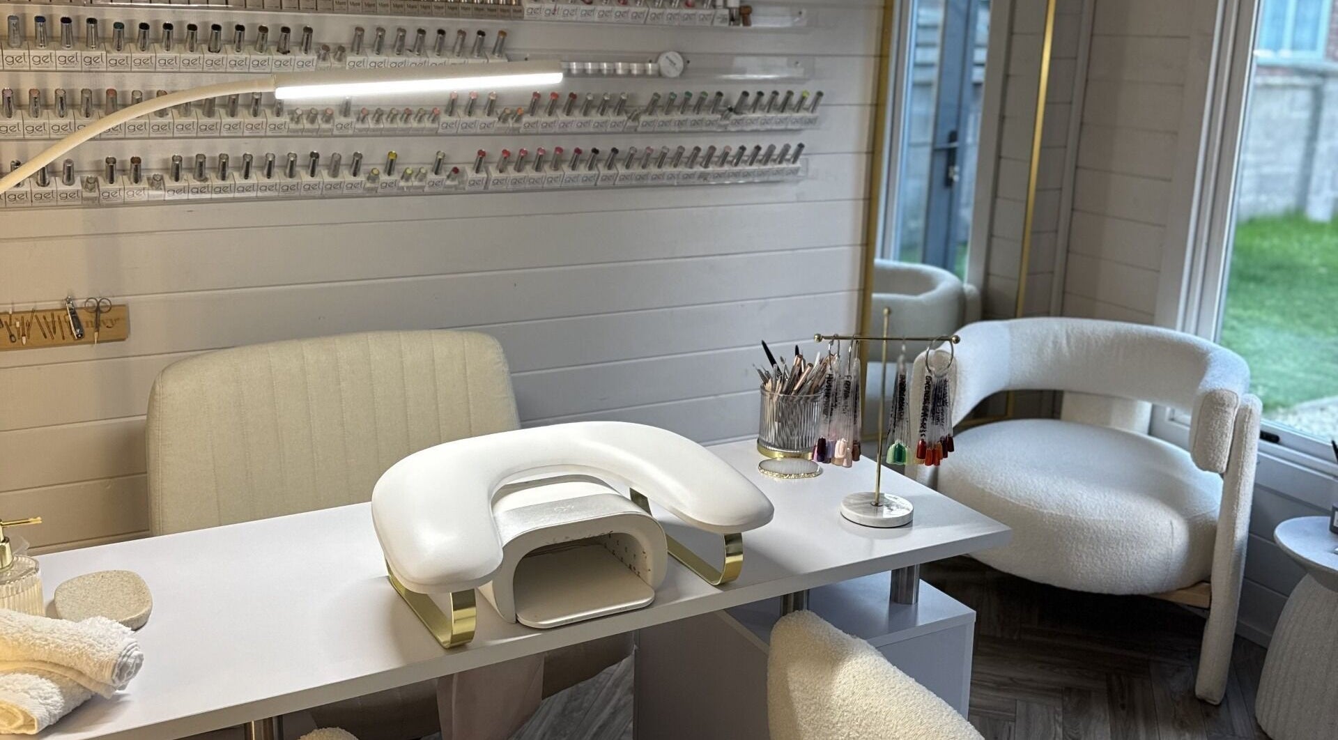 Modern nail studio at Cc Beautè, Cardiff, Wales, GB showcasing a chic manicure setup.