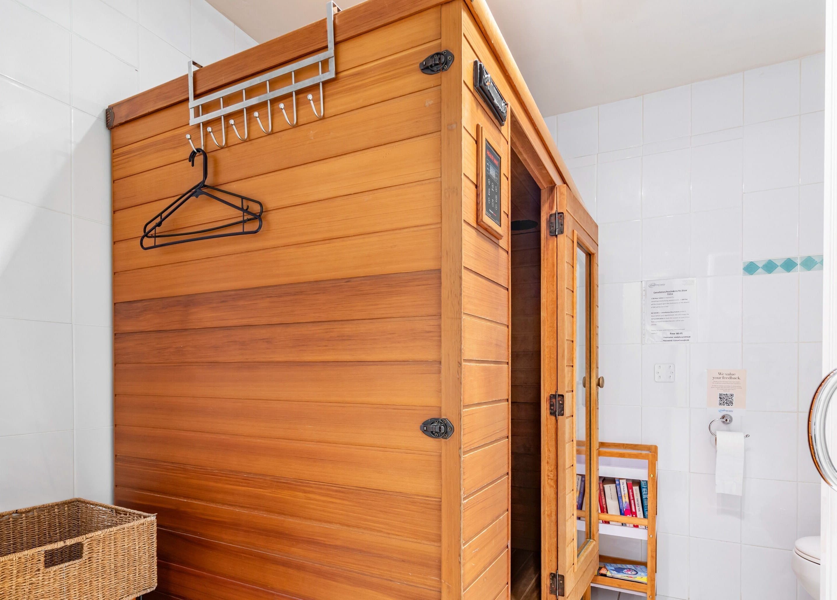 Wooden sauna room at Colon Care Centre, Auckland, Auckland, NZ, offering a tranquil wellness experience.