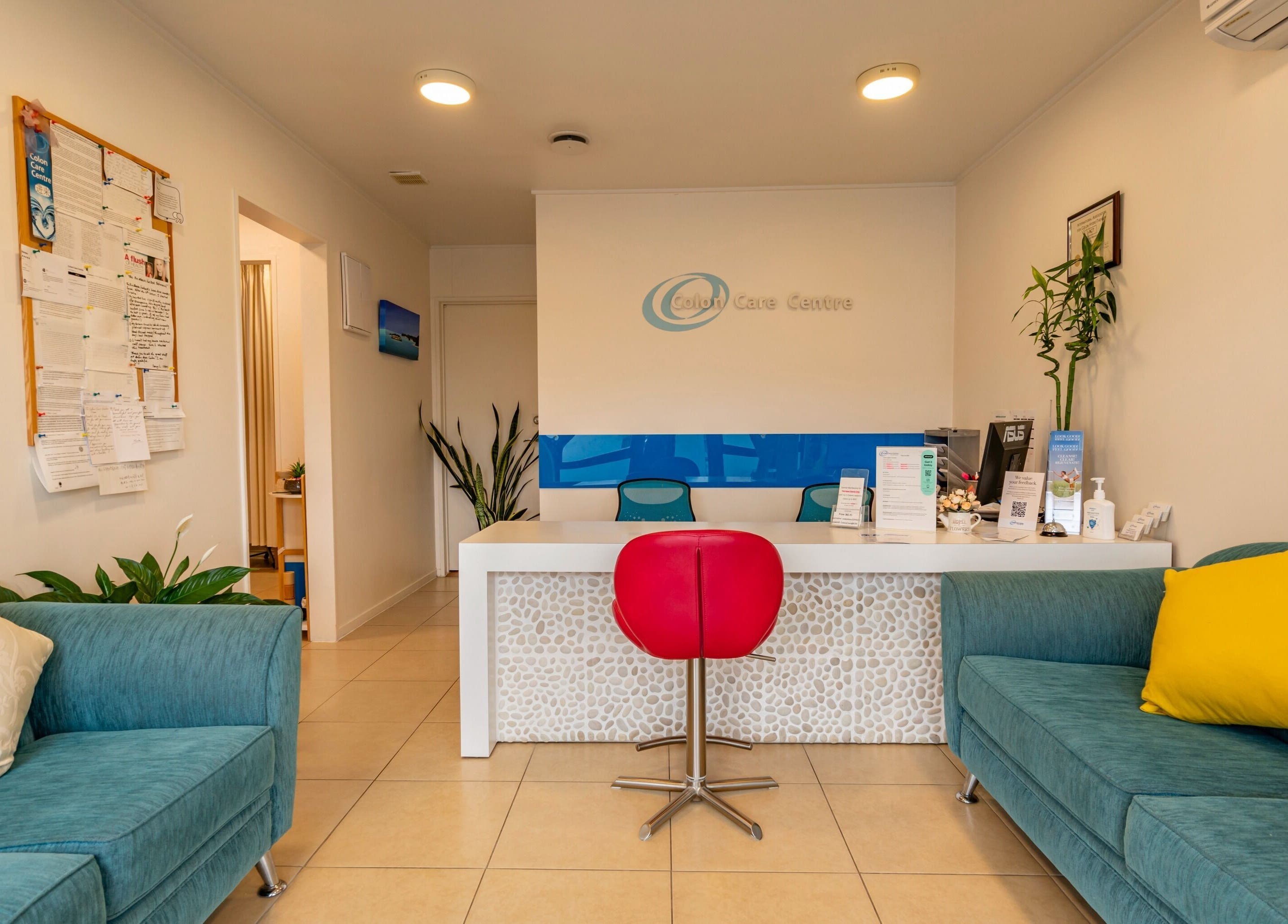 Inviting reception area at Colon Care Centre, Auckland, Auckland, NZ with comfortable seating and bright decor.