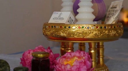 Opulent Thai decor with wellness products at Thawee Thai Therapy, Shirley, England, GB.