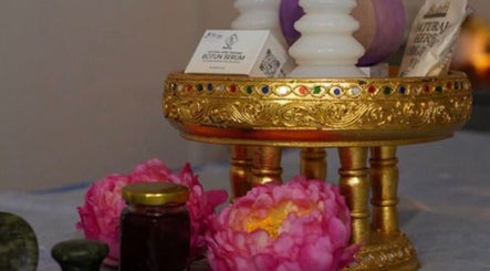Elegant gold tray with spa products at Thawee Thai Therapy, Shirley, England, GB.