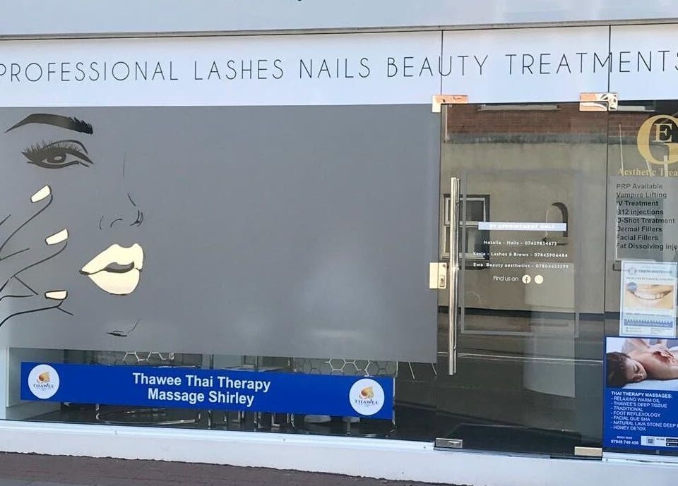 Exterior view of Thawee Thai Therapy in Solihull, England, GB showcasing beauty treatments signage.