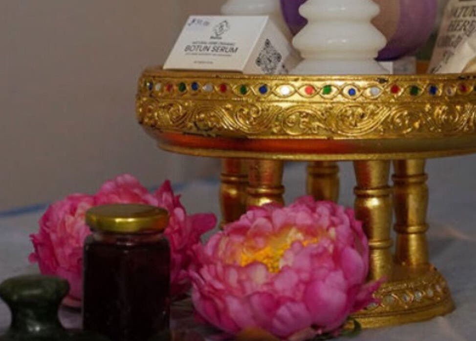 Elegant spa items on a golden tray at Thawee Thai Therapy, Solihull, England, GB.