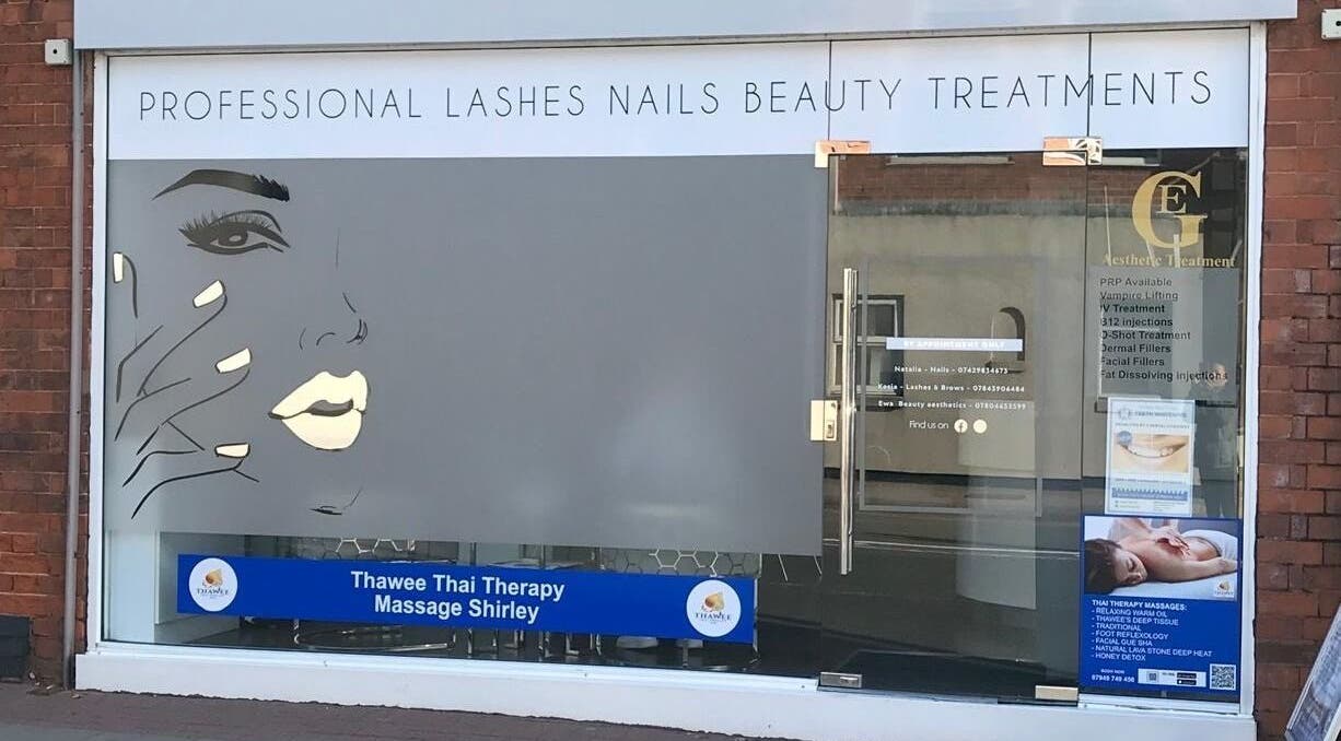 Front view of Thawee Thai Therapy in Shirley, England offering lashes, nails, and beauty treatments.