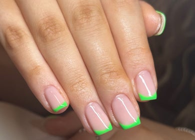 Neon green French manicure at Cw Artistry, Glasgow, Scotland, GB highlighting precision nail art.