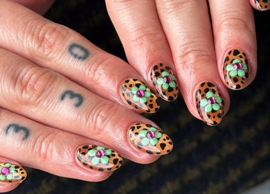 Stylish floral leopard nail art by The Nail Lady, Southend-on-Sea, England, GB.