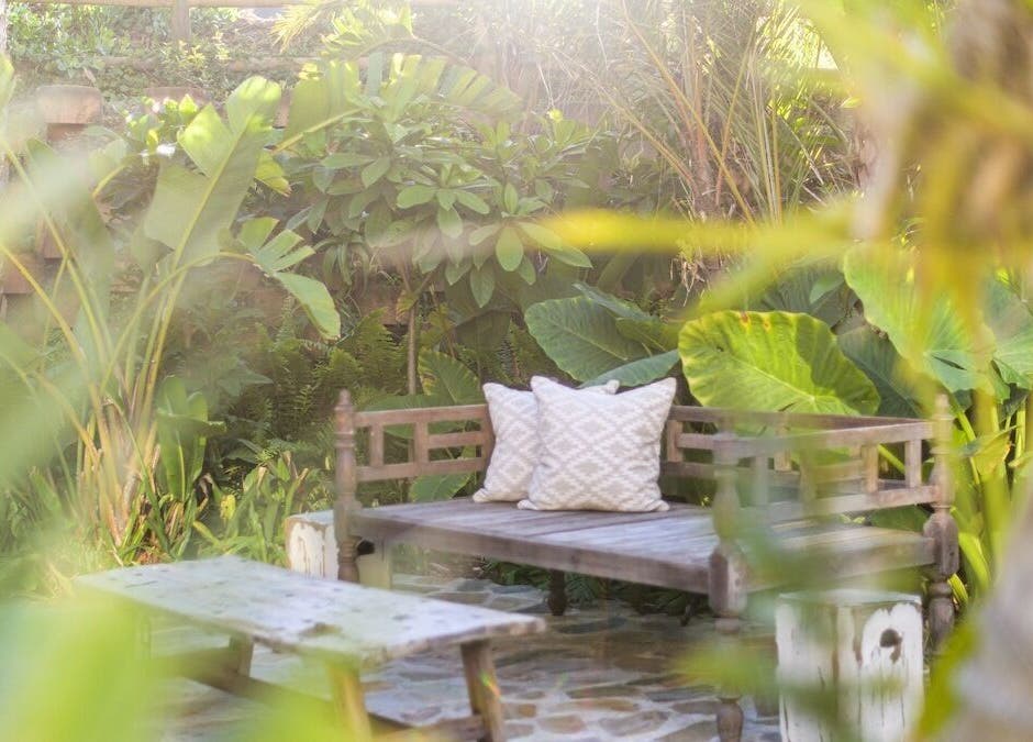 Peaceful garden bench surrounded by lush greenery at Sala Beach Spa, Dolphin Coast, KwaZulu-Natal, ZA.