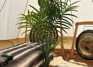 Relaxing space at The Soul's Whisper - Massage, Reiki & Sound Healing, Gloucester, England, GB with gong and plants.