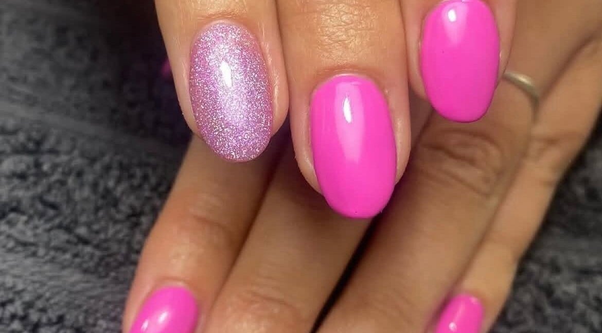 Pink and glitter nails at House of B, Caistor, England, GB. Perfect for elegant flair.