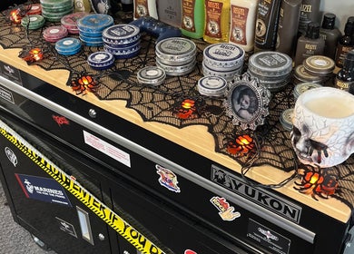 Halloween-themed barber tools display at Barber’s Choice Studio in Oakdale, Minnesota, US.