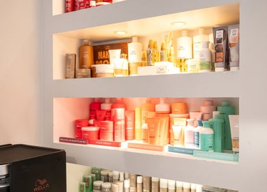 Product display at Vida hair & beauty The Brewery, Romford, England, GB showcasing vibrant Wella products.