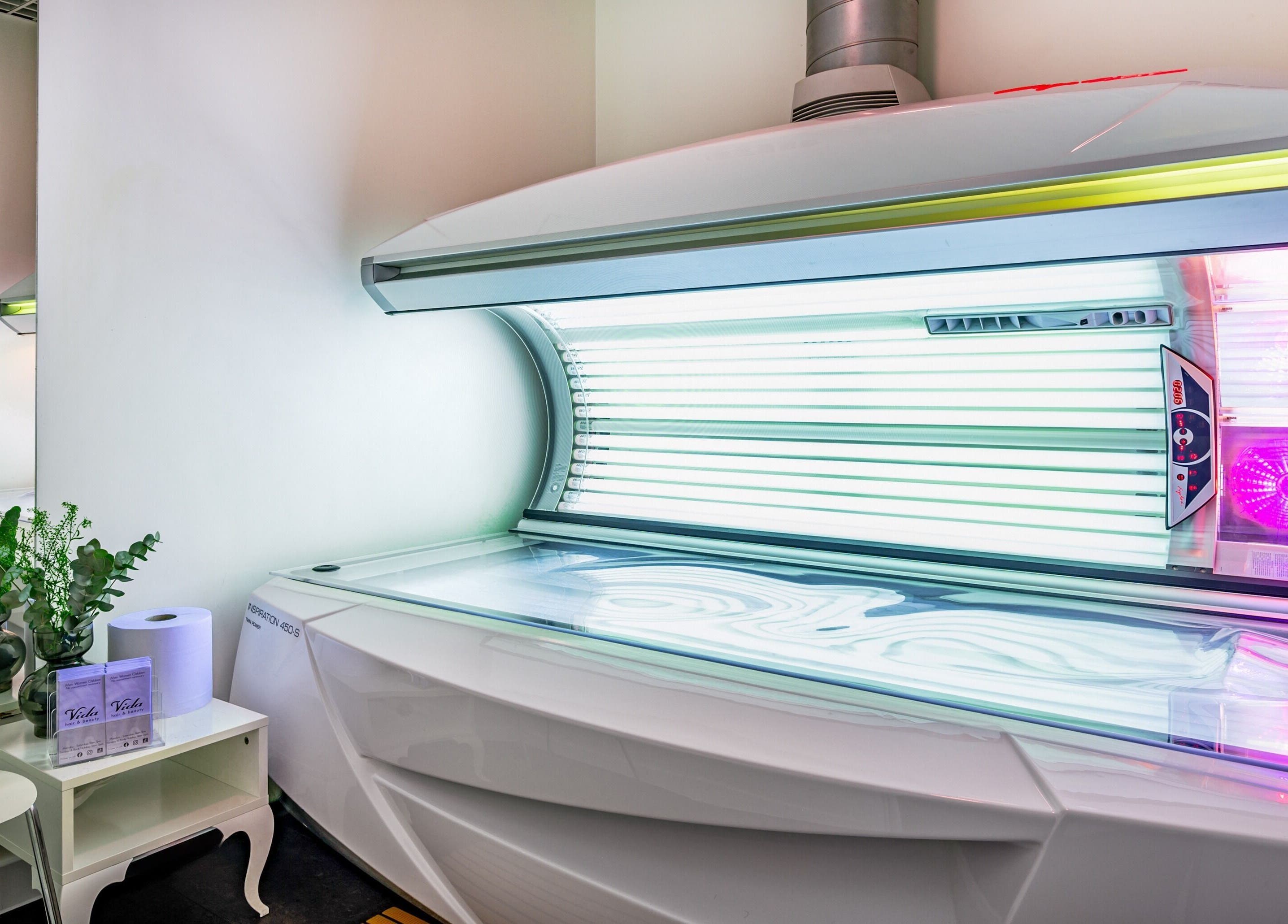 Tanning bed at Vida Hair & Beauty The Mercury, Romford, England, GB, showcasing modern facilities.