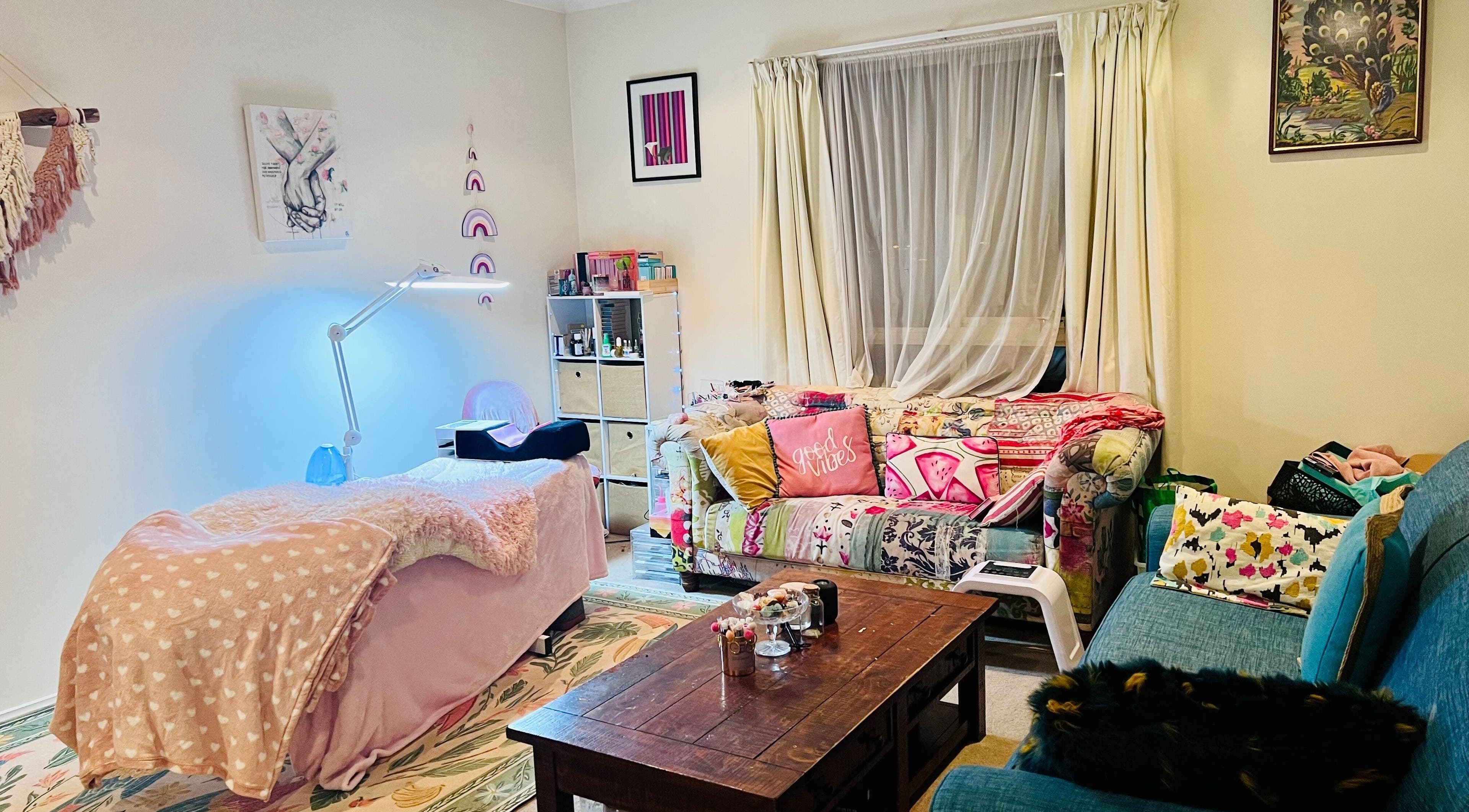 Relaxing lounge area at Shell’s Beauty Temple, Mount Pleasant, Victoria, AU. Inviting atmosphere for wellness.