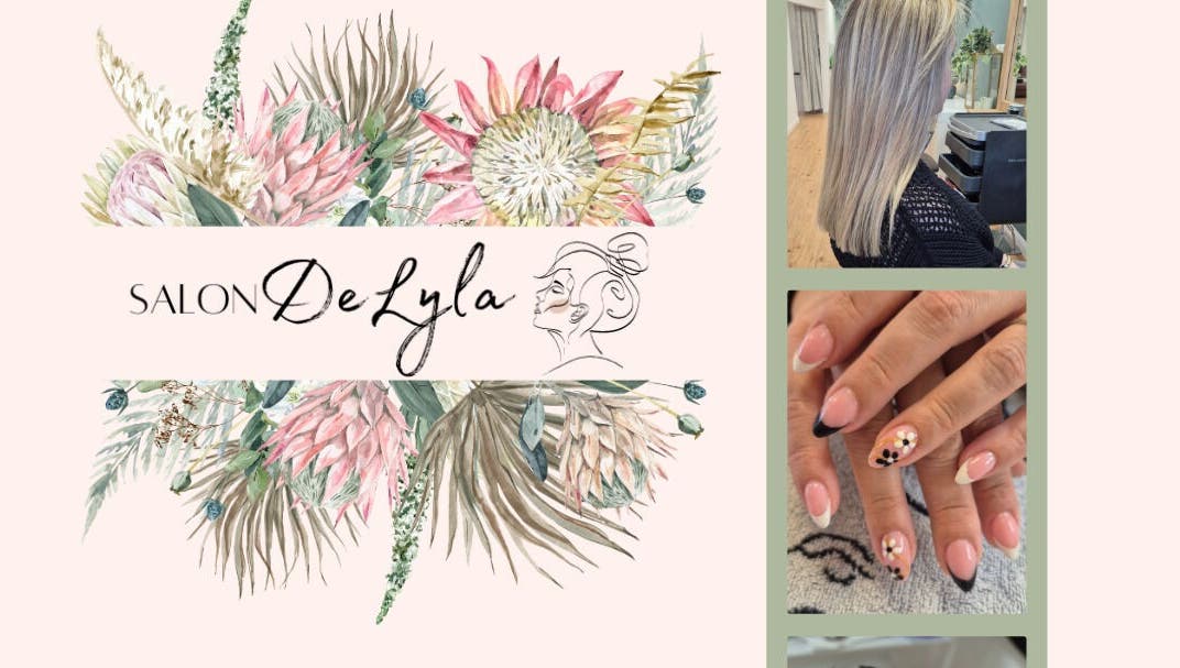Salon De Lyla logo with floral design, hair, and nails showcased in Ludgershall, England, GB.