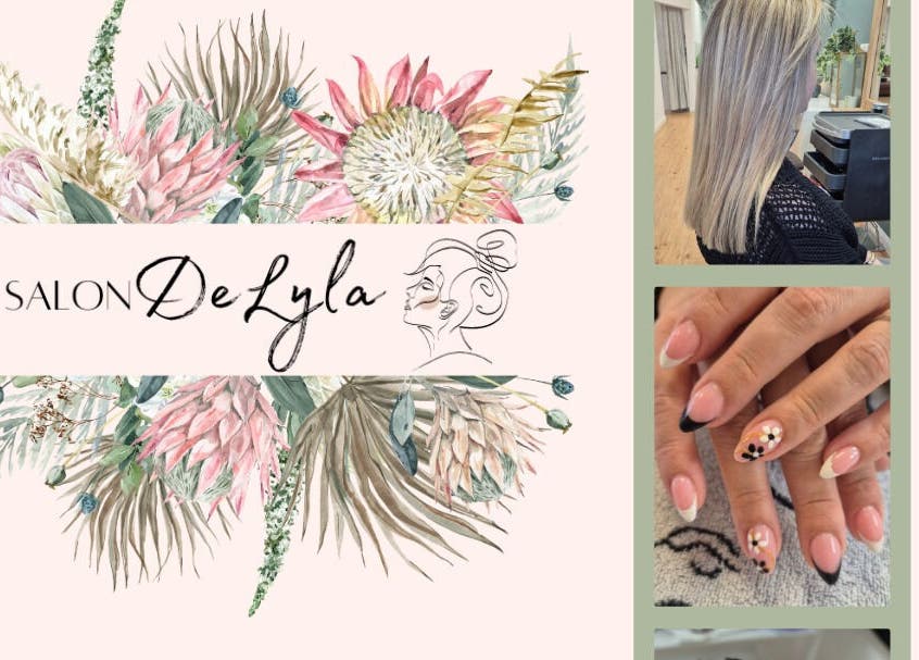 Salon De Lyla logo with floral design, hair, and nails showcased in Ludgershall, England, GB.