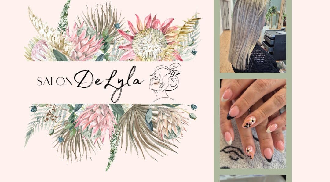 Salon De Lyla logo with floral design, hair, and nails showcased in Ludgershall, England, GB.