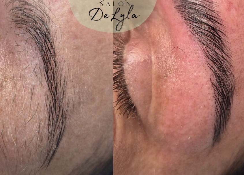 Eyebrow transformation at Salon De Lyla, Ludgershall, England, GB showcasing before and after results.