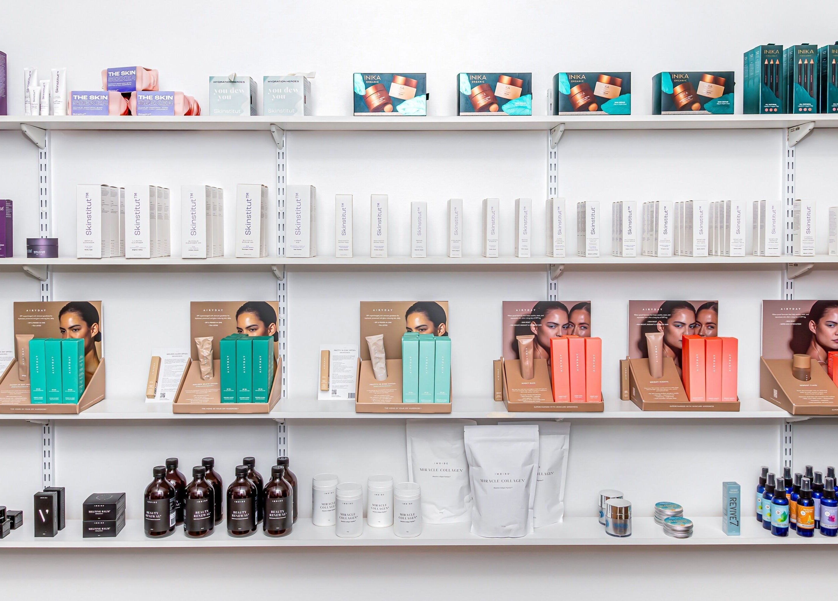 Beauty products displayed neatly on shelves at Face Magic Medispa, Coolangatta, Queensland, AU.