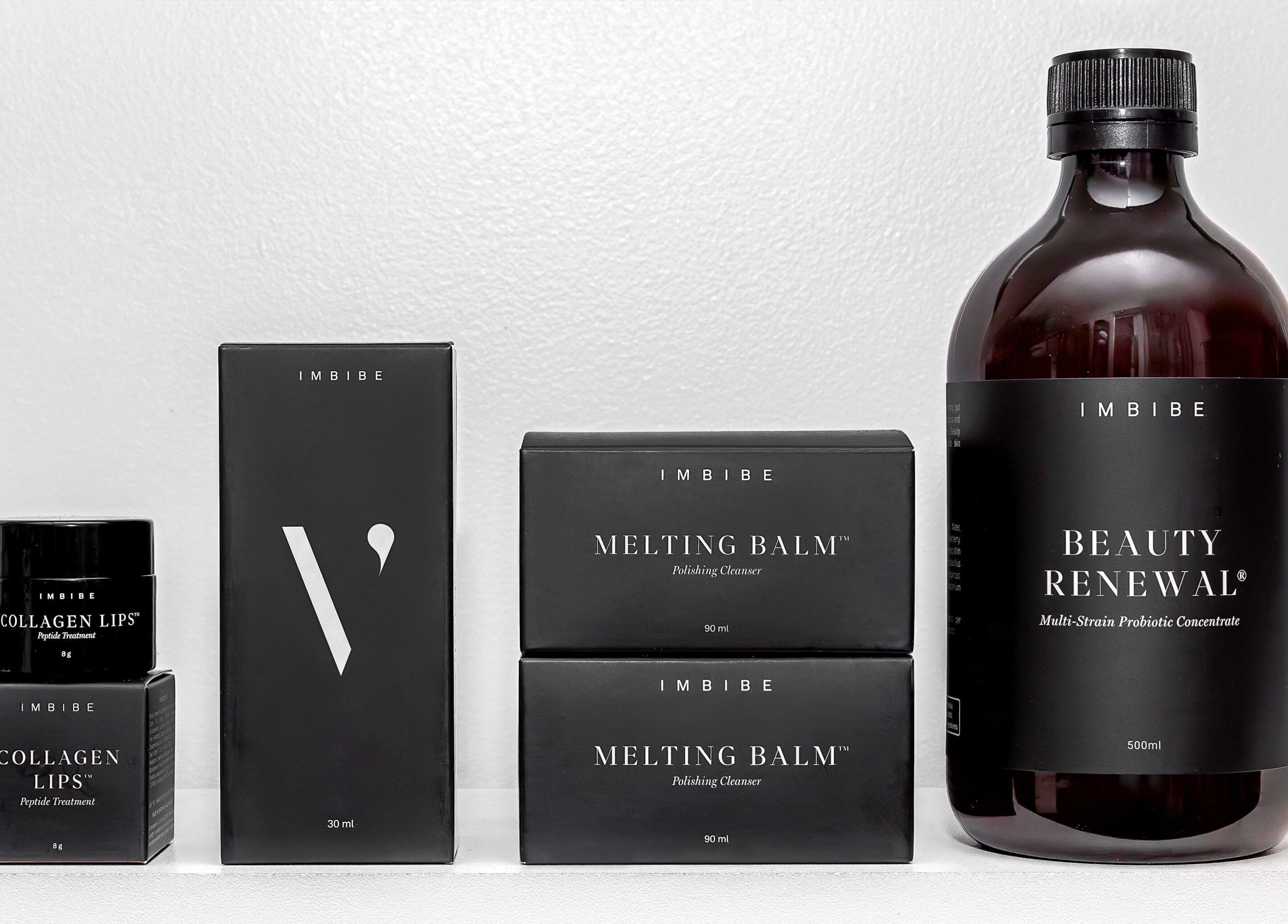 Imbibe skincare display at Face Magic Medispa, Coolangatta, Queensland, AU features luxury beauty products.