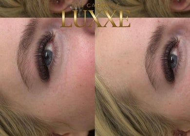Close-up of styled eyelashes at TheCabinOfLuxxe, Bolton, England, GB showcasing lush lash extensions.