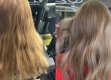 Before and after hair transformation at TheCabinOfLuxxe, Bolton, England, GB showcasing vibrant, healthy hair.