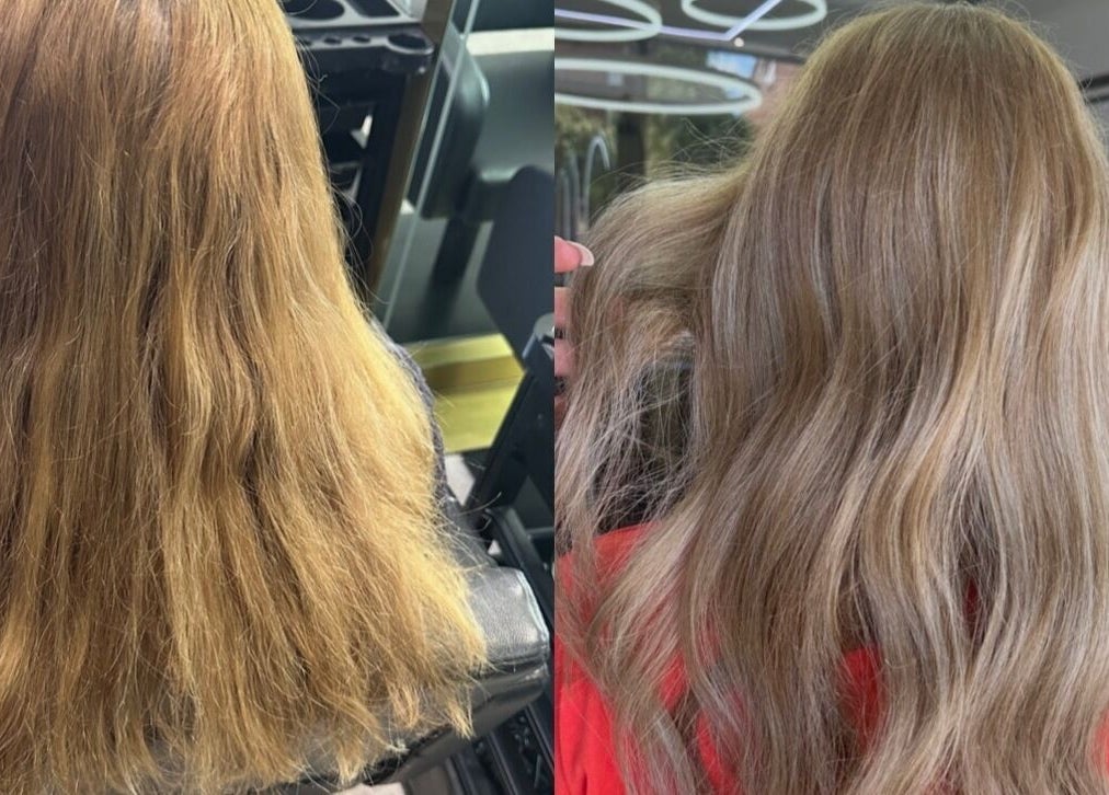 Before and after hair transformation at TheCabinOfLuxxe, Bolton, England, GB showcasing vibrant, healthy hair.