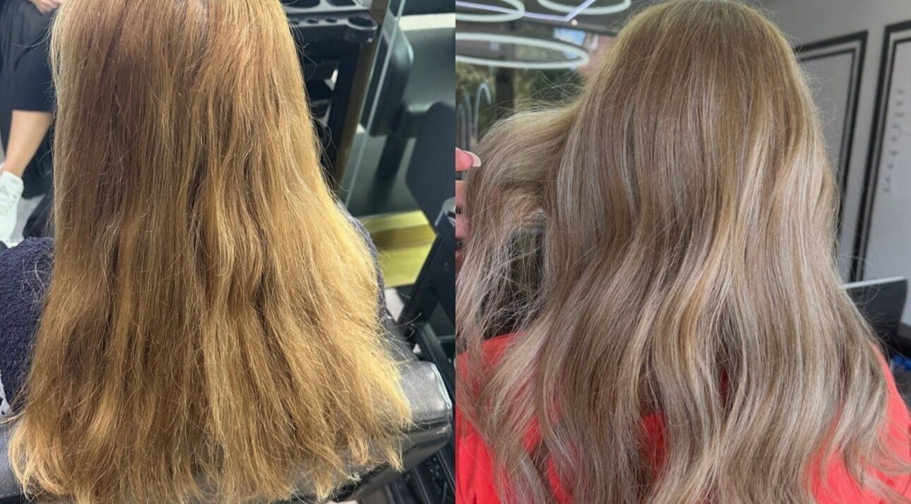 Before and after hair transformation at TheCabinOfLuxxe, Bolton, England, GB showcasing vibrant, healthy hair.