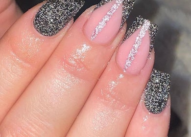 Close-up of glittery nails at Ella Rose Nails, Witham, England, GB showcasing elegant sparkle designs.