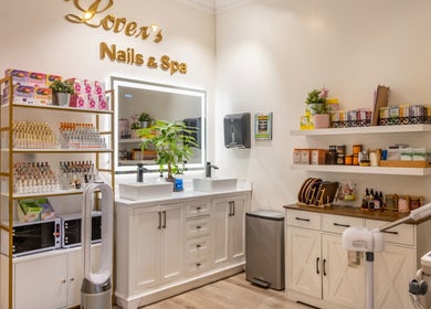 Elegant interior of Lover's Nails Spa Kissimmee, Florida, US with organized nail care products.