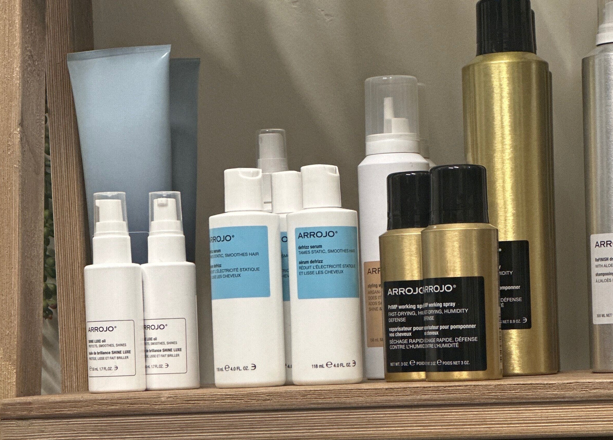 Hair and beauty products on shelf at Bristol Hairdressing - Reno NV, stylish display in Reno, Nevada, US.