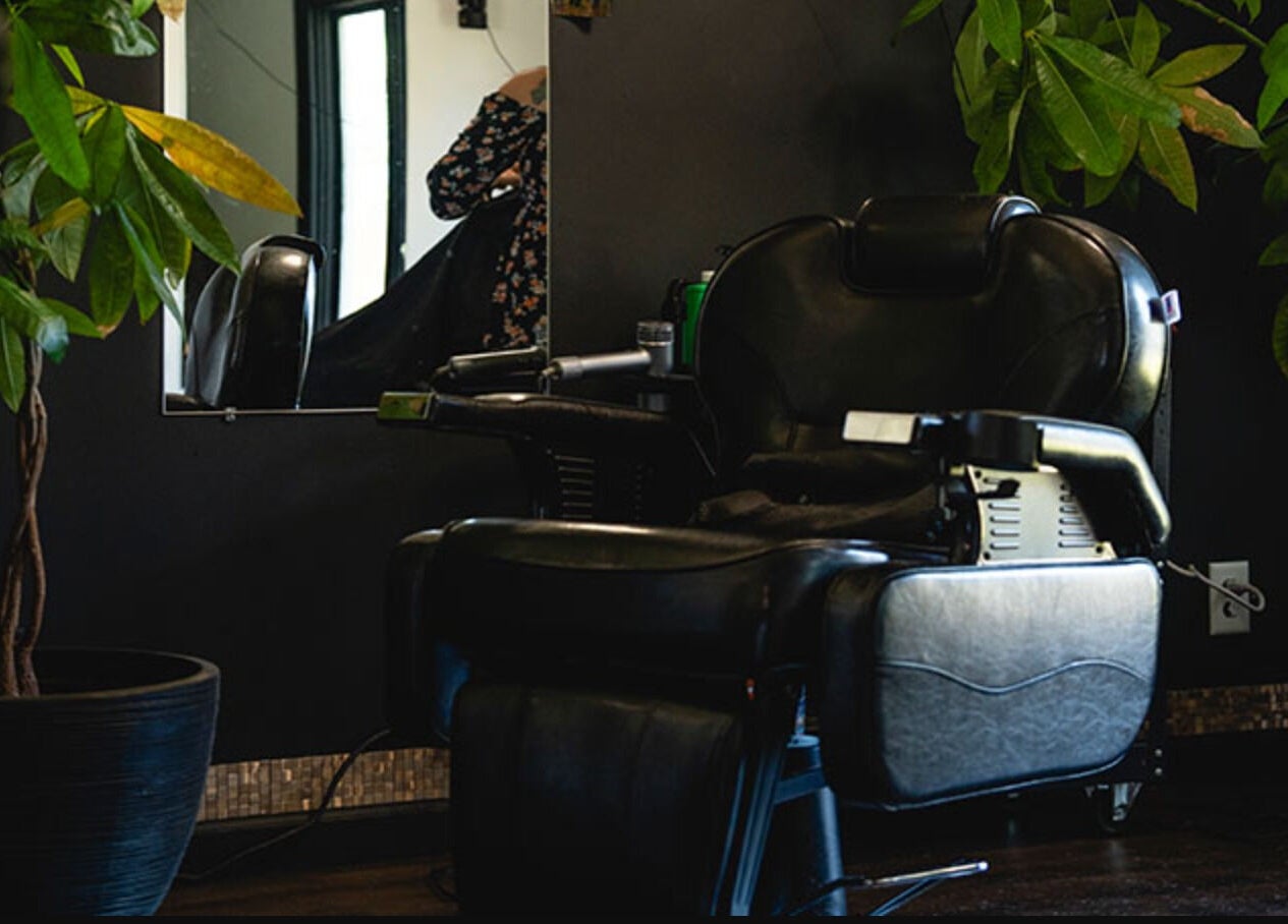 Luxurious salon chair at The Local Shoppe in Charleston, South Carolina, US surrounded by lush plants.