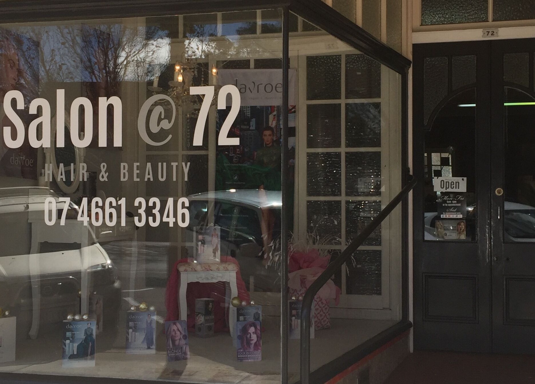 Front view of Salon at 72 in Warwick, Queensland, AU, showcasing sleek glass entrance.