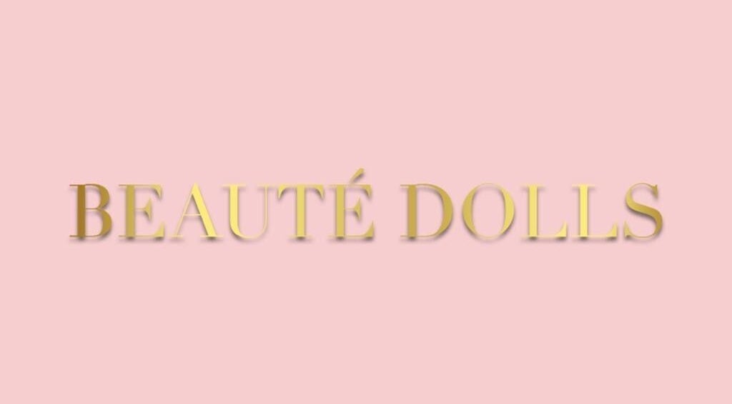 Beautè Dolls logo in gold on a pink background, Luton, England, GB.