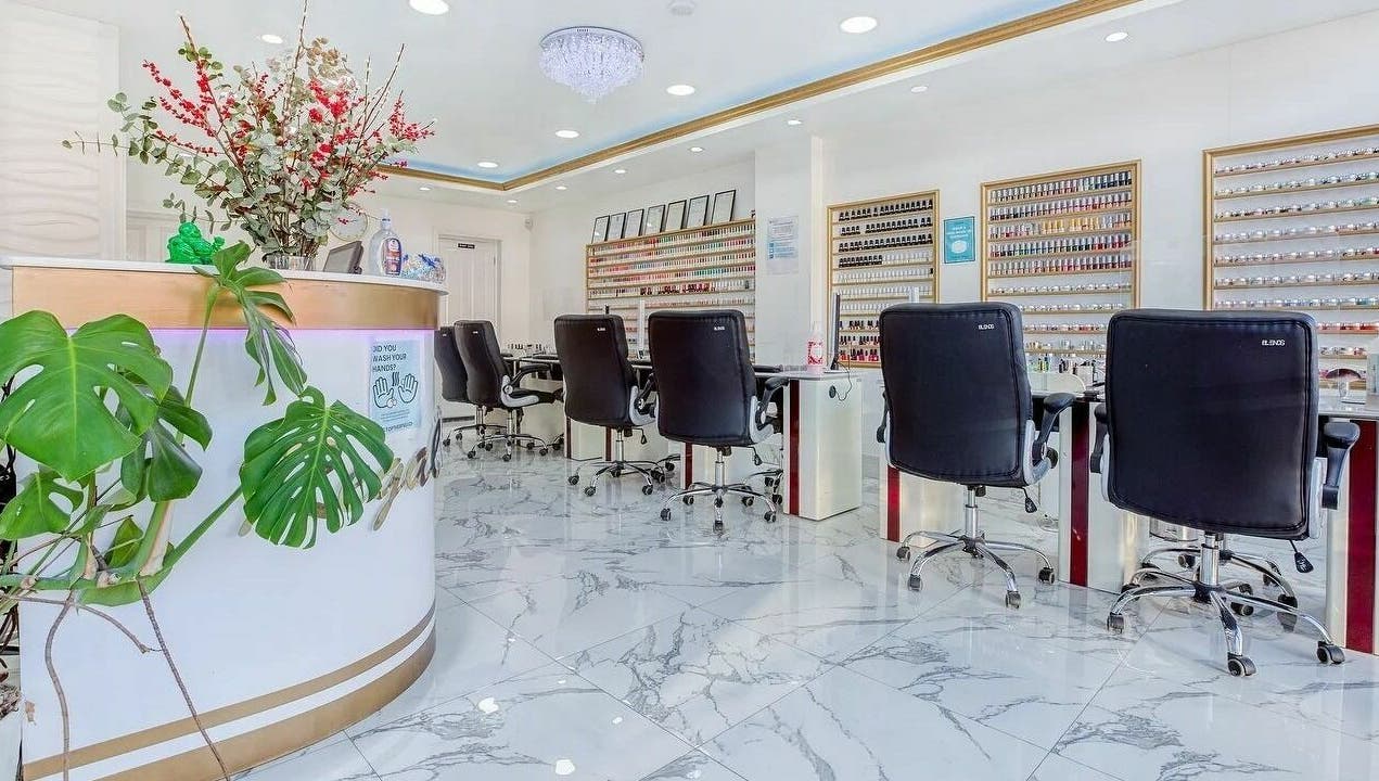 Chic interior of Regal Nails, Croydon, England, GB showcasing stylish nail service stations.
