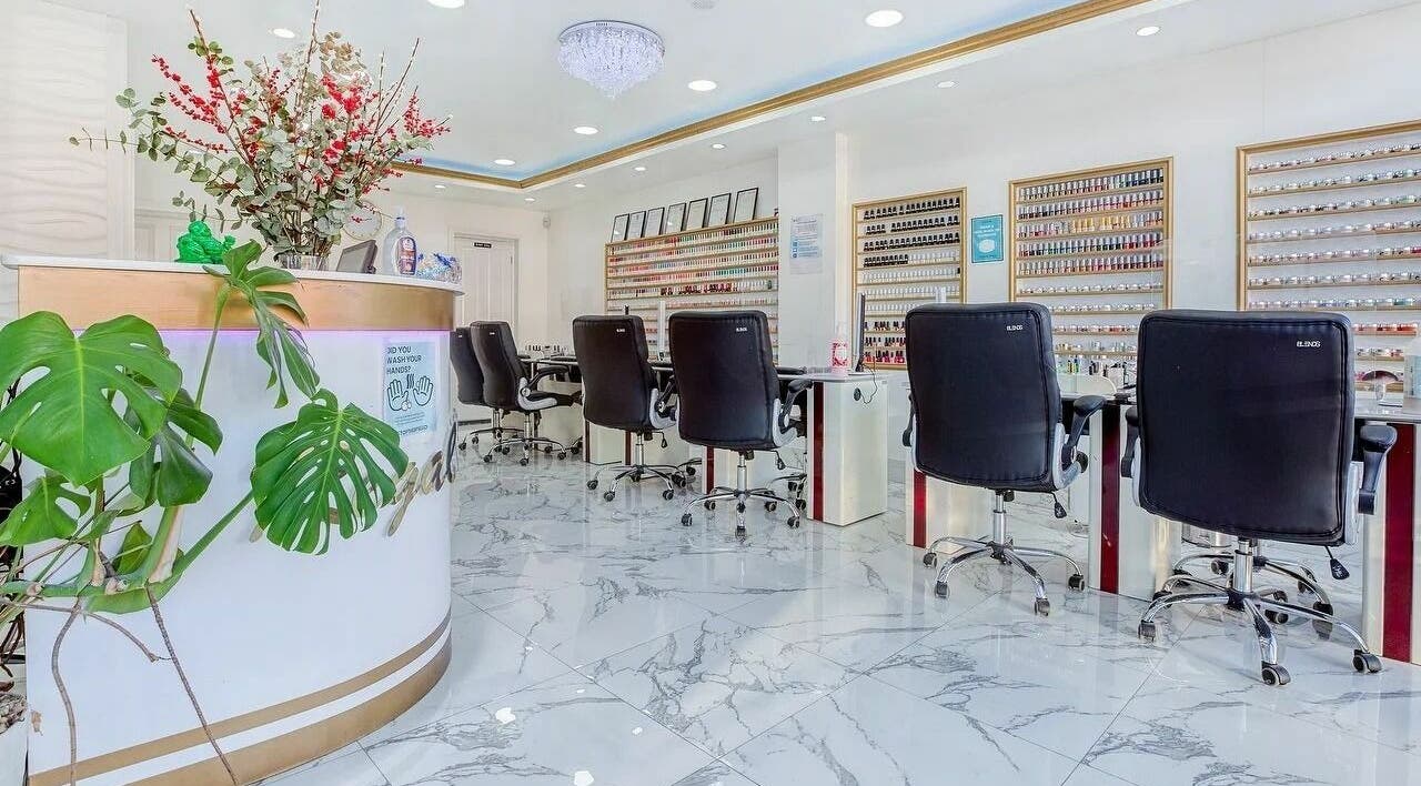 Chic interior of Regal Nails, Croydon, England, GB showcasing stylish nail service stations.