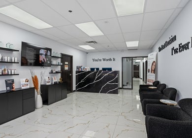 Sophisticated lobby of Beauty Matched Med Spa in Sarnia, Ontario, CA with chic decor and modern seating.