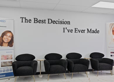 Chic waiting area at Beauty Matched Med Spa in Sarnia, Ontario with elegant chairs and inspirational decor.