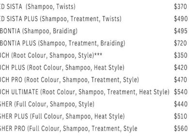 Price list for hair services at Curli Beauti, Couva, Couva-tabaquite-talparo Regional Corporation, TT.