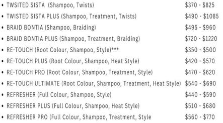 Price list for hair services at Curli Beauti, Couva, Couva-tabaquite-talparo Regional Corporation, TT.