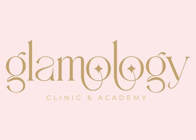 Elegant Glamology UK logo against soft pink, located in Rossendale, England, GB offering beauty and wellness services.