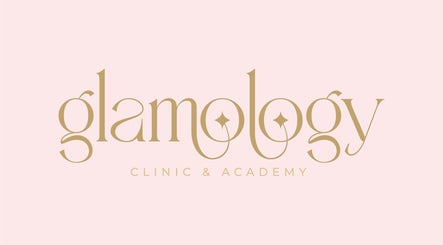 Elegant Glamology UK logo against soft pink, located in Rossendale, England, GB offering beauty and wellness services.